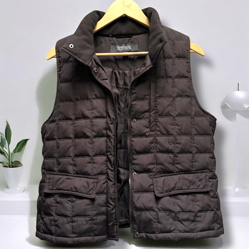 Kenneth Cole Reaction Brown Puffer Vest Quilted Pockets Sleeveless